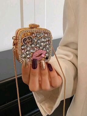 NWOT - Crystal Embellished Pink Accent Mini Metal  Crossbody Bag